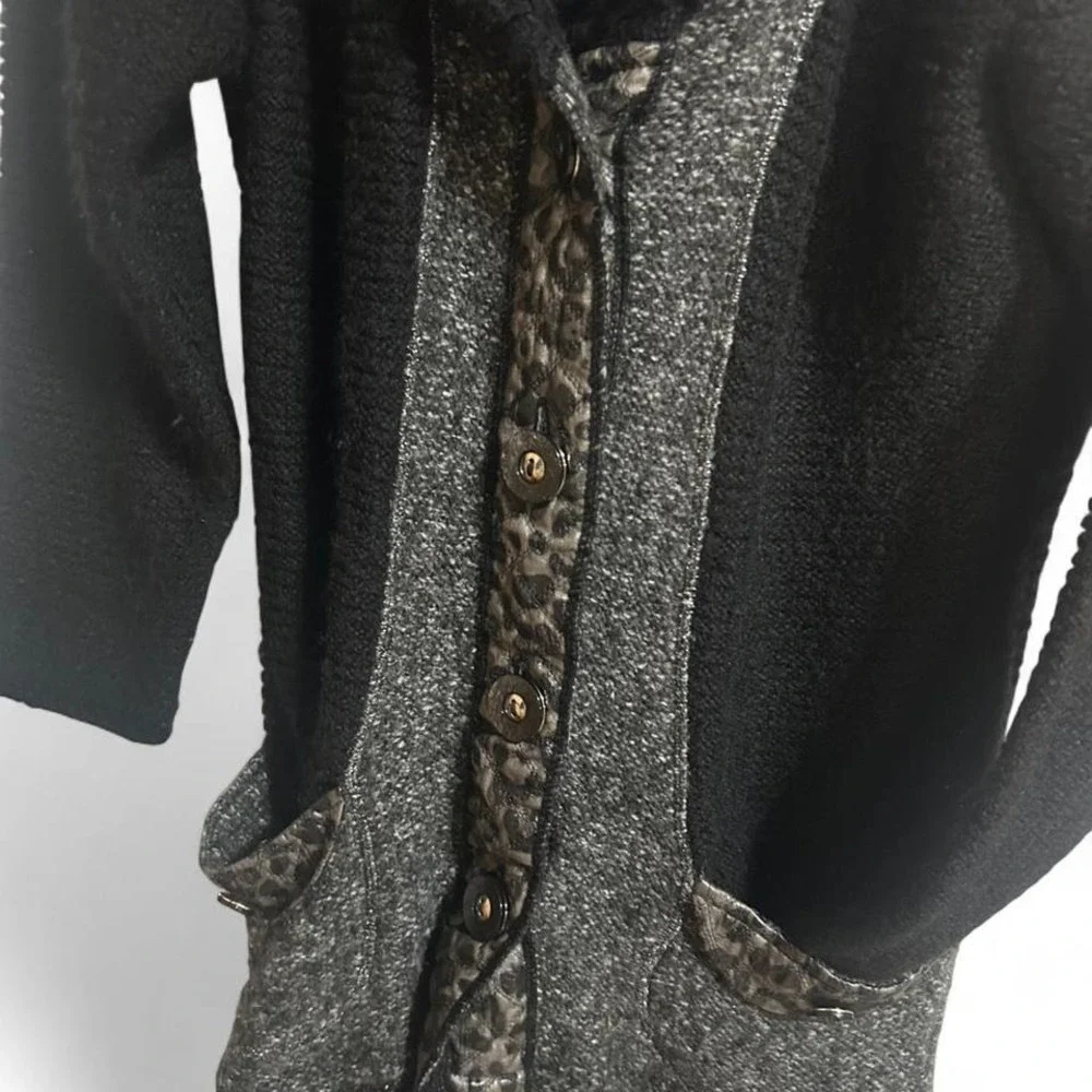 Women's Black and grey long knit‎ sweater with leopard print accents medium